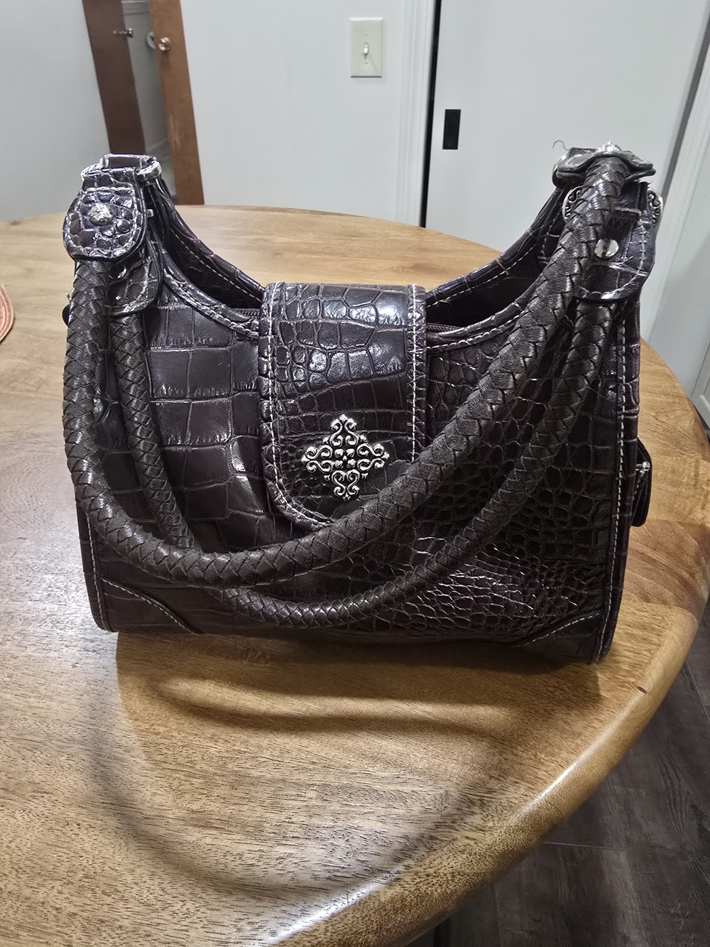 Rosetti Dark Brown Croc-Embossed Shoulder Bag with Braided Handle